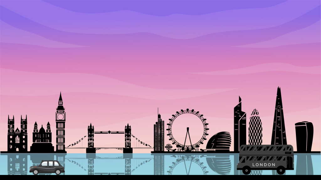 A background of the London Skyline over the river Thames with a purple and pink sky