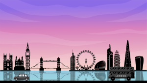 A background of the London Skyline over the river Thames with a purple and pink sky